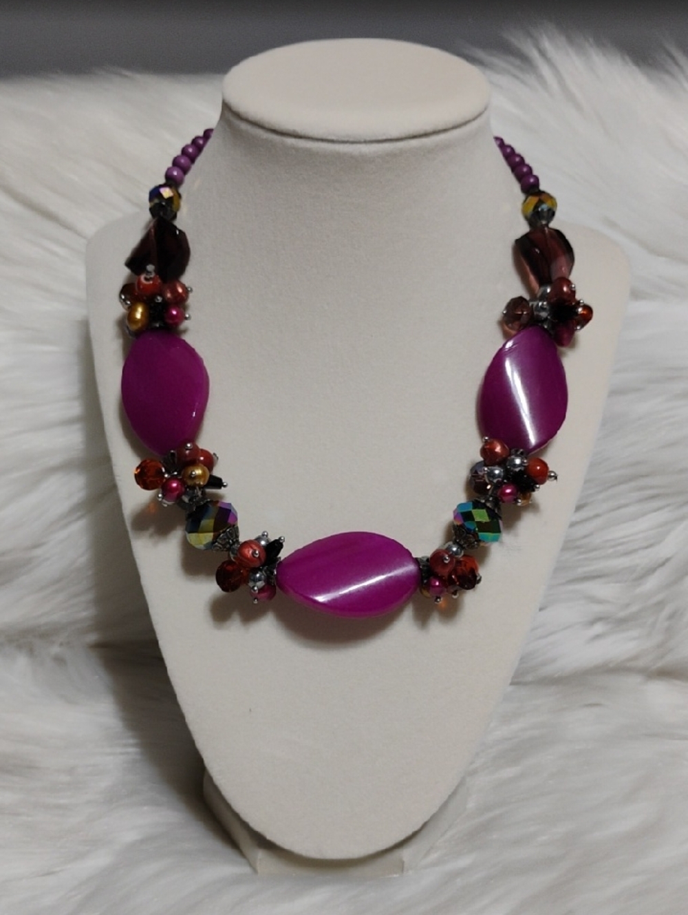 Statement Necklace W Fuchsia Chalcedony & Semi Precious Stones - Picture 1 of 7